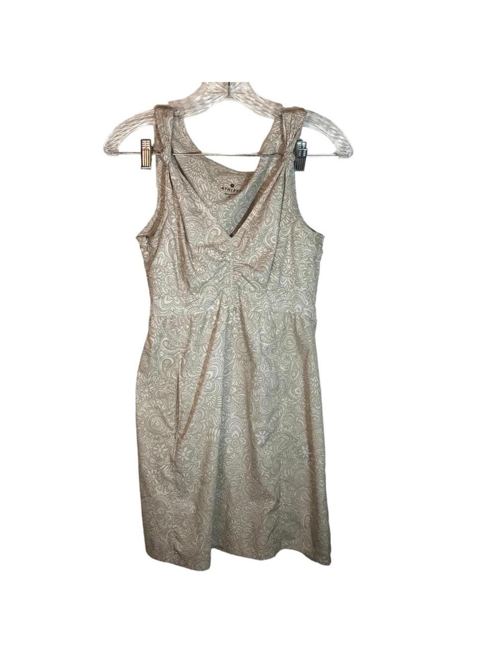 Athleta sundress sleeveless vneck knee length size 2 side zipper tan and cream
